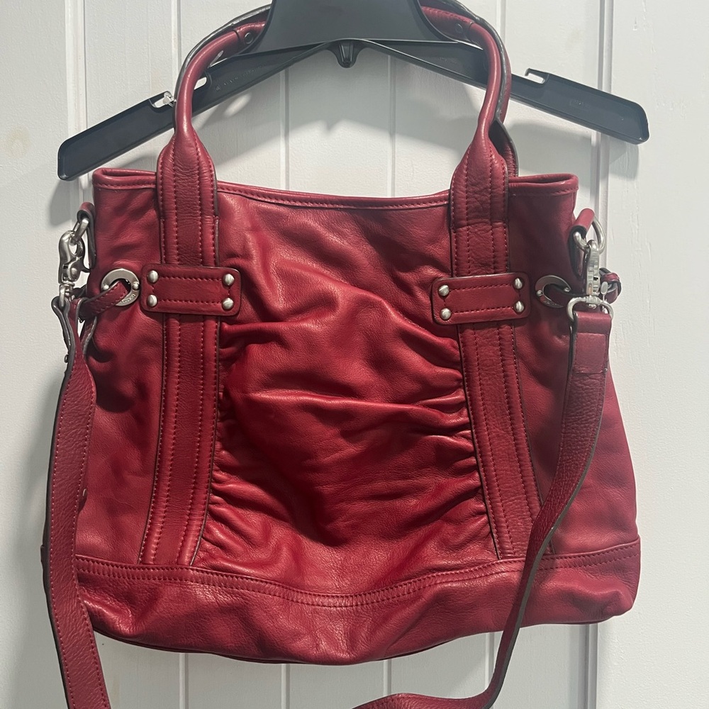 B. Makowsky Red Shoulder Bag with Ruched Detailing and Silver Hardware